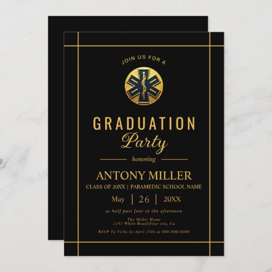 Gouden paramedische EMT-klasse van 2025 zwart afst Kaart (Voorkant / Achterkant)