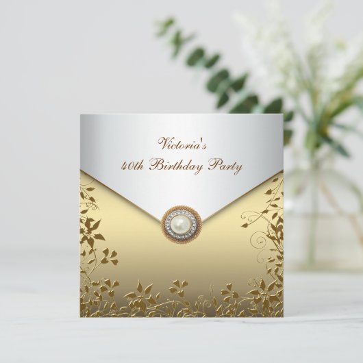 Gouden Parel Bloemen Vrouwen 40ste Verjaardag Part Kaart (Staand voorkant)