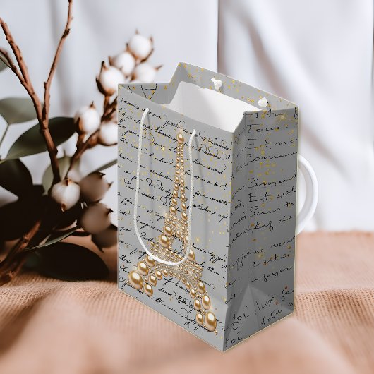 Gouden Parels Eiffeltoren Midden Geschenktas Medium Cadeauzakje
