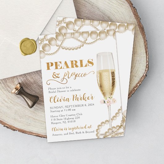 Gouden Parels en Prosecco Bridal Douche Uitnodigin Kaart