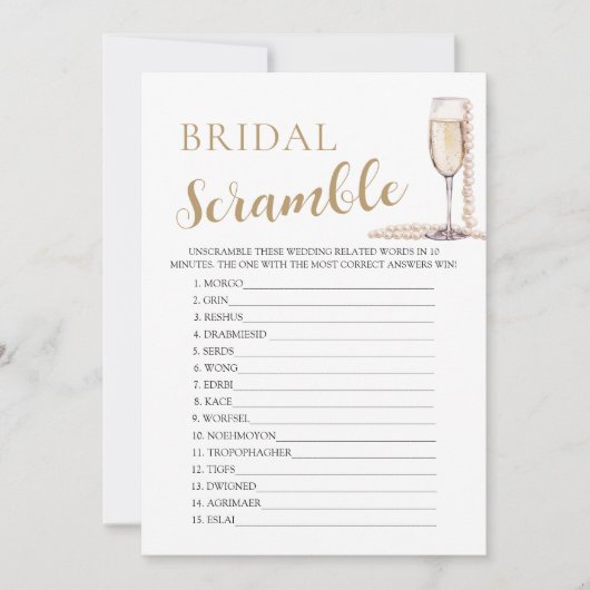 Gouden Parels en Prosecco Bridal Word Scramble Gam Kaart (Voorkant)