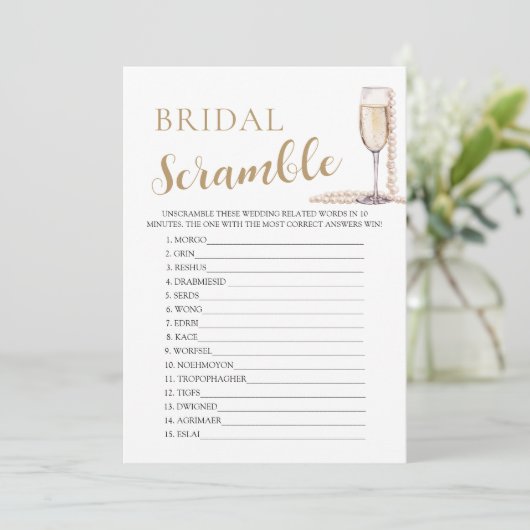 Gouden Parels en Prosecco Bridal Word Scramble Gam Kaart (Staand voorkant)