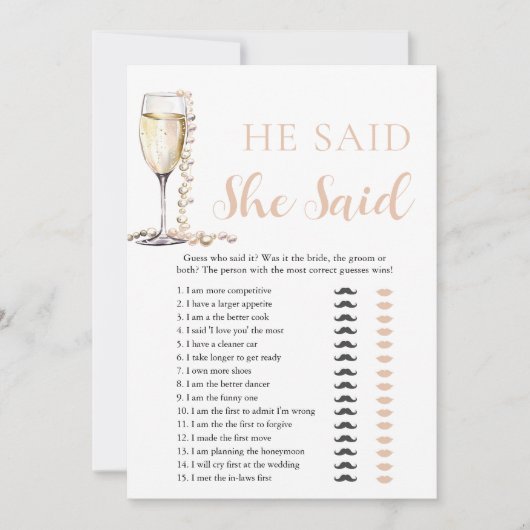 Gouden Parels en Prosecco Hij zei, Ze zei spel Kaart (Voorkant)