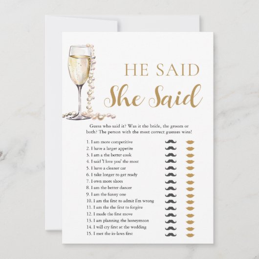 Gouden Parels en Prosecco Hij zei, Ze zei spel Kaart (Voorkant)