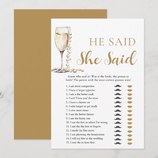 Gouden Parels en Prosecco Hij zei, Ze zei spel Kaart (Voorkant / Achterkant)