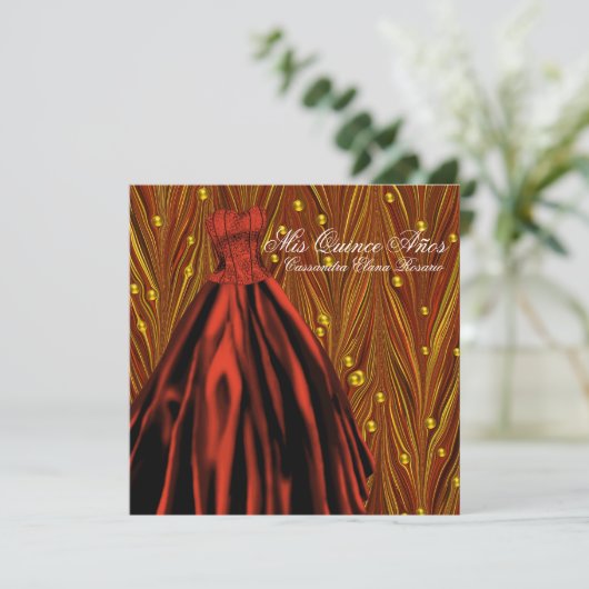 Gouden Parels Rood Jurk Rood Goud Quinceanera Kaart (Staand voorkant)