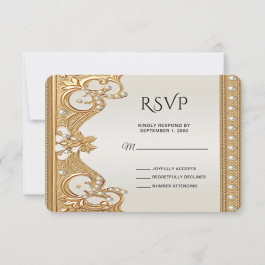 Gouden  Parels Witte RSVP-kaart RSVP Kaartje (Voorkant)