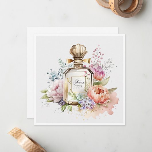 Gouden  parfumfles plat notitiekaartje (Voorkant / Achterkant in situ)