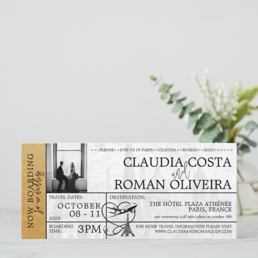 Gouden Parijs bruiloft instapkaart uitnodiging (Staand voorkant)