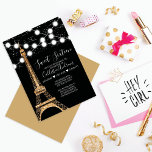 Gouden Paris Eiffeltoren Glitter Lights Sweet 16 Kaart<br><div class="desc">Maak je klaar om te schitteren en te schitteren met onze meisjesachtige en chique Sweet Sixteen verjaardagsfeestuitnodiging! Dit trendy en stijlvolle design zet de perfecte toon voor een onvergetelijke viering. Met een faux-geprinte gouden sprankelende glitter Paris Eiffeltoren versierd met gloeiende witte hanglampen en zilveren sprankelende glitter confetti, allemaal geplaatst tegen...</div>