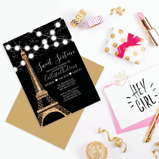 Gouden Paris Eiffeltoren Glitter Lights Sweet 16 Kaart