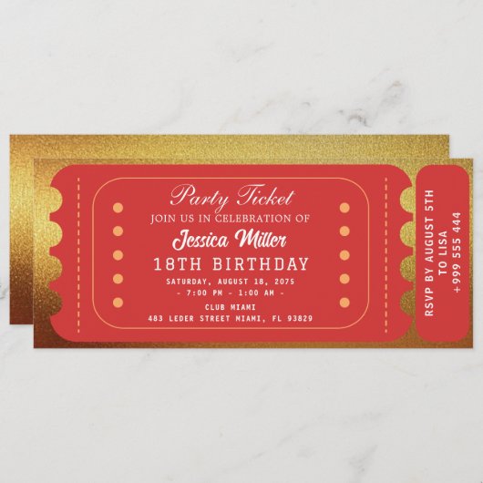 Gouden Partij Ticket Uitnodiging (Voorkant / Achterkant)