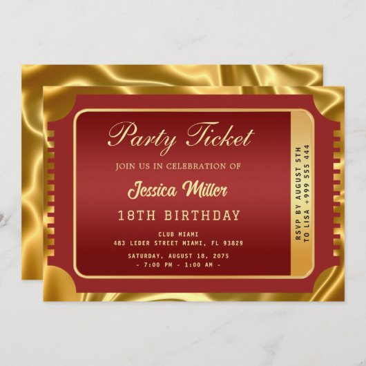 Gouden Partij Ticket Uitnodiging (Voorkant / Achterkant)