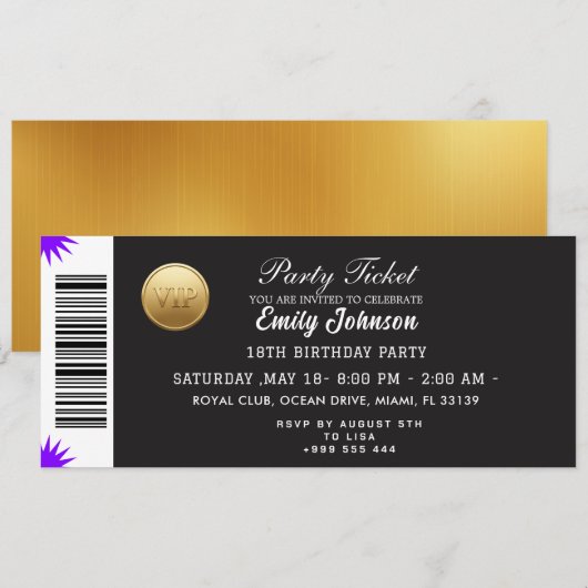 Gouden Partij Ticket Uitnodiging (Voorkant / Achterkant)
