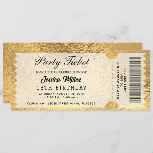 Gouden Partij Ticket Uitnodiging (Voorkant / Achterkant)