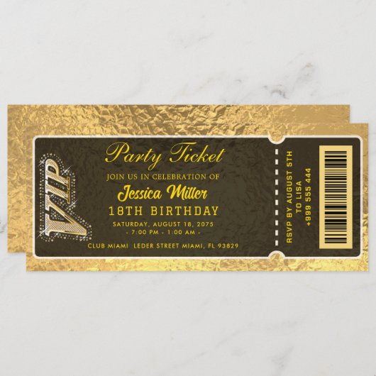 Gouden Partij Ticket Uitnodiging (Voorkant / Achterkant)