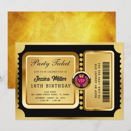 Gouden Partijticket Uitnodiging (Voorkant / Achterkant)