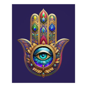 Gouden Pauw Kleuren Hamsa Groene Saffier Derde Oog Foto Afdruk