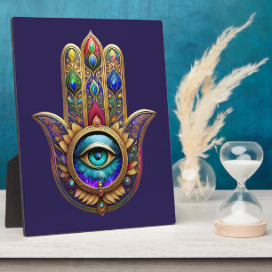 Gouden Pauw Kleuren Hamsa Groene Saffier Derde Oog Fotoplaat
