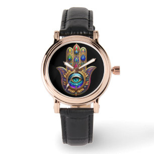 Gouden Pauw Kleuren Hamsa Groene Saffier Derde Oog Horloge
