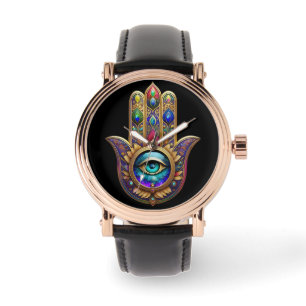 Gouden Pauw Kleuren Hamsa Groene Saffier Derde Oog Horloge