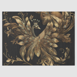 Gouden pauw met blauwe veren op zwart tissuepapier