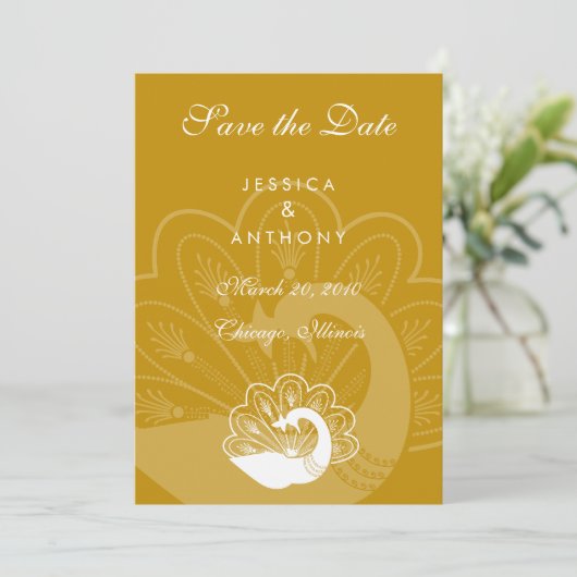 gouden pauw , red de datum save the date (Staand voorkant)