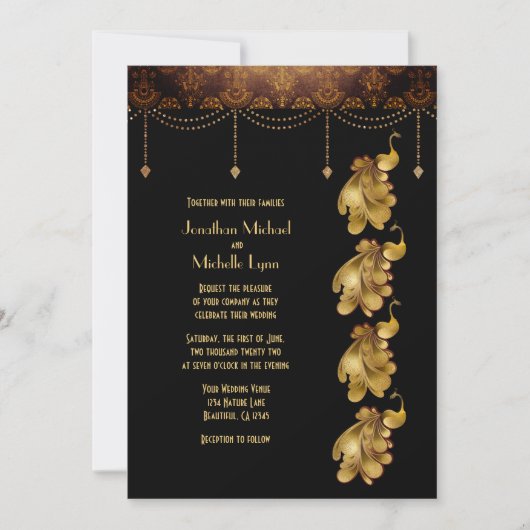 Gouden pauwen, Oud-Egyptisch, Art Deco bruiloft Kaart (Voorkant)