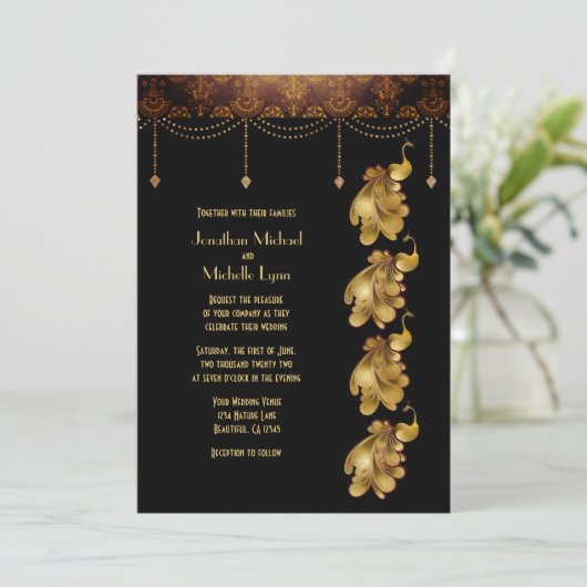 Gouden pauwen, Oud-Egyptisch, Art Deco bruiloft Kaart (Staand voorkant)