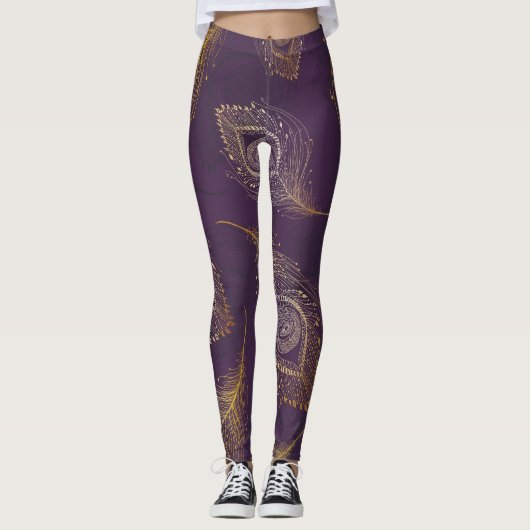 Gouden pauwenveer, violette achtergrond. leggings (Voorkant)