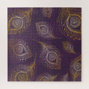 Gouden pauwenveer, violette achtergrond. legpuzzel