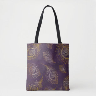 Gouden pauwenveer, violette achtergrond. tote bag