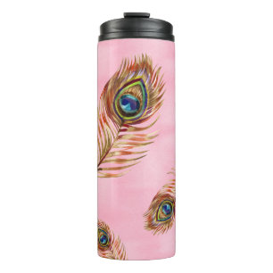 Gouden pauwenveren, waterverf naadloos patroon thermosbeker