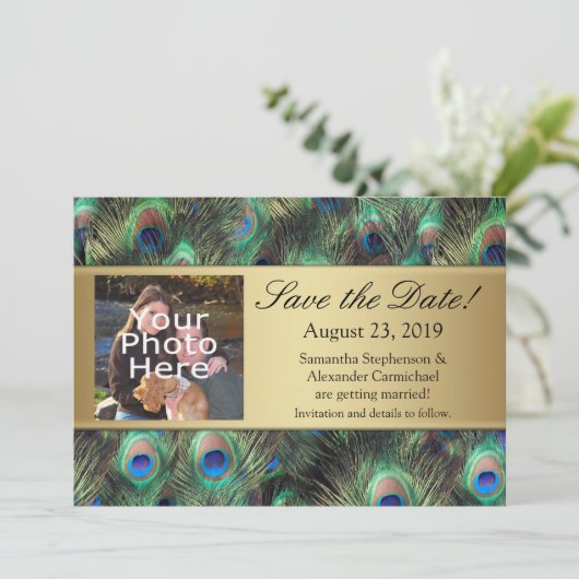 Gouden Pauwveer Foto Save the Date (Staand voorkant)