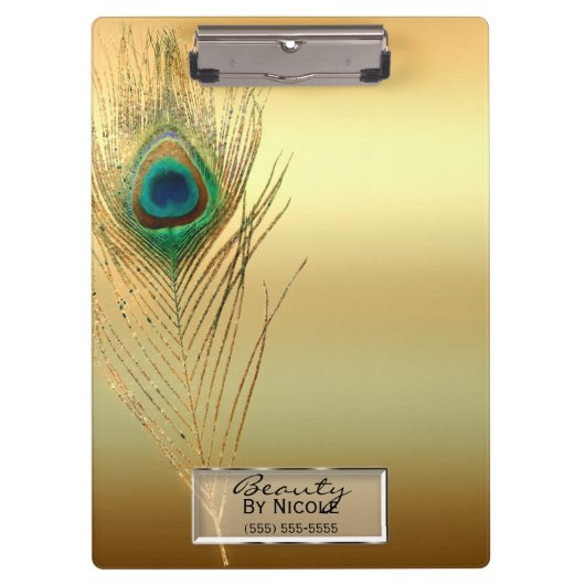 Gouden Peacock Feather Elegant Glam gepersonalisee Klembord (Voorkant)