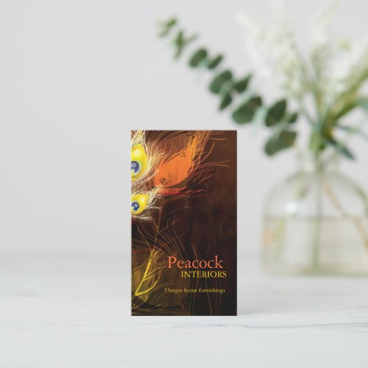 Gouden Peacock Feather Interieurontwerp Visitekaartje (Staand voorkant)