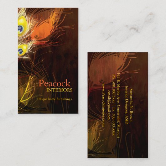 Gouden Peacock Feather Interieurontwerp Visitekaartje (Voorkant / Achterkant)