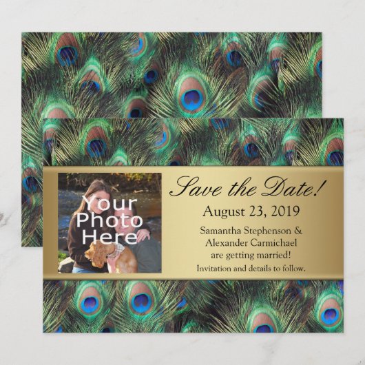 Gouden Peacock Feather Photo Save the Date (Voorkant / Achterkant)