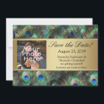 Gouden Peacock Feather Photo Save the Date<br><div class="desc">Elegant en geraffineerde pauw vether achtergrond in rijke verzadigde kleuren van koninklijk blauw, kopergoud, en blauwgroen smaragdgroen. De pauw is een statelijke vogel met sierveren en het maakt een mooi display voor een zomerbruiloft of elke keer dat goudgradiënten met een metallisch uitziende blik een aanraking van glamour en raffinage toevoegen....</div>