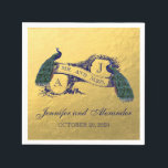 Gouden Peacock Trouwpapier servetten<br><div class="desc">Gouden en Blauwe Peacocks Romantische Bruiloft Papier Servetten. ZaligBruiloft © bij Zazzle. Twee prachtige pauwen op banner en tekst in een donkerblauw lettertype allemaal op een gouden folie achtergrond (afgedrukt foto-effect) met monogram initialen, bruid en bruidegom voornamen en trouwdatum, creëer een unieke, stijlvolle servetten voor de huwelijksreceptie of trouwdouche. Andere...</div>