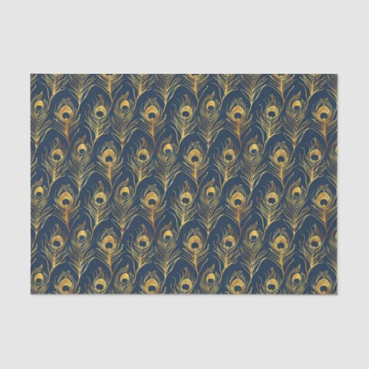 Gouden Peacock veren op Blue Patterned Decoupage Tissuepapier (Voorkant)