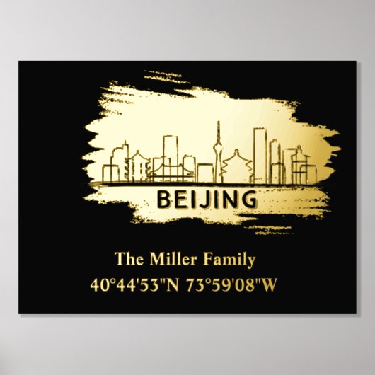 gouden Peking skyline lengtegraad breedtegraad Folie Afdrukken (Voorkant)