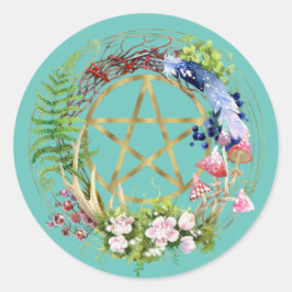 Gouden Pentakel Natuurkrans Bloemen Boheemse  Ronde Sticker