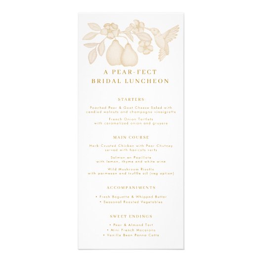 Gouden Perfect Pear Bruidslunch Menu Kaart (Voorkant)