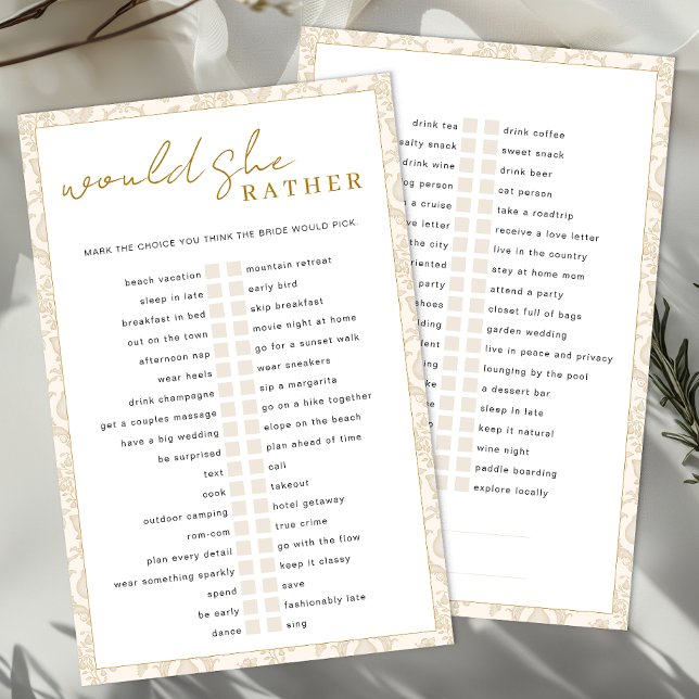 Gouden perfecte peer zou ze liever spel (Would She Rather - Bridal Shower Game)