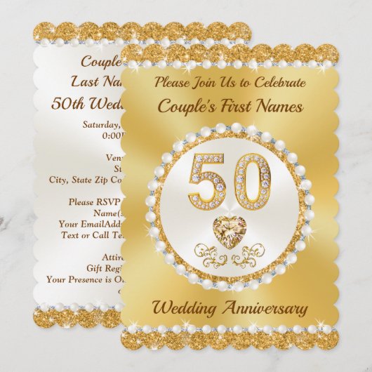 Gouden Personaliseer, 50th Anniversary Uitnodiging (Voorkant / Achterkant)