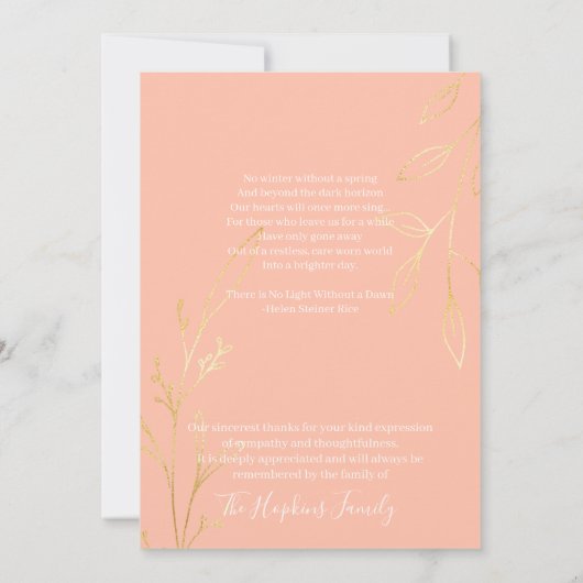 Gouden perzik bloemig in liefdevolle herinnering b bedankkaart (Achterkant)