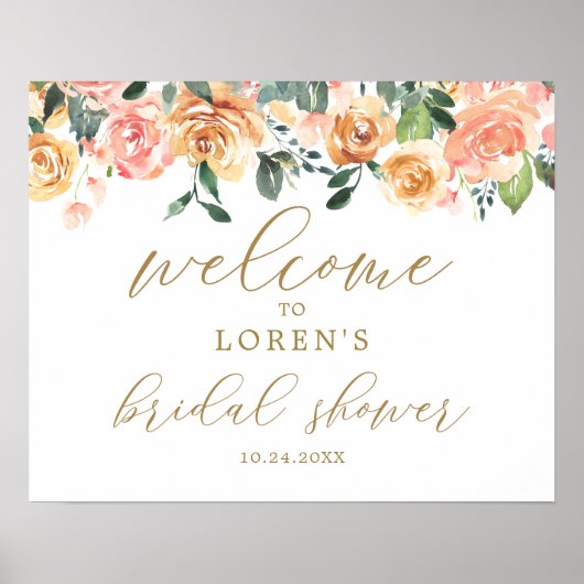 Gouden Perzik Bloemige Bruiloft Feest Welkomstpost Poster (Voorkant)