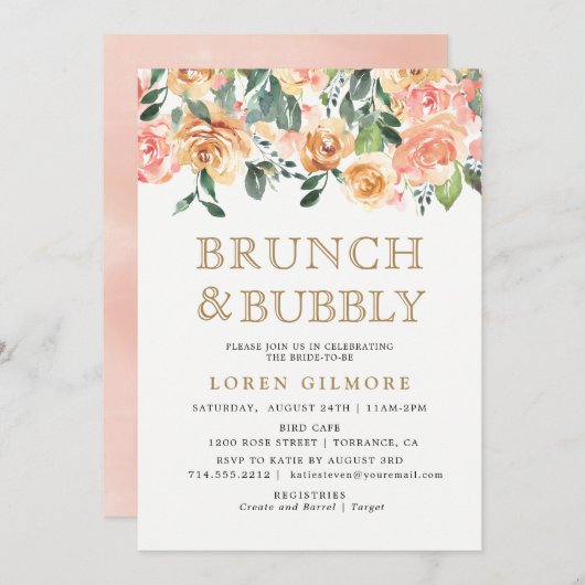 Gouden Perzik Bloemige Brunch en Bubbel Bruisfeest Kaart (Voorkant / Achterkant)