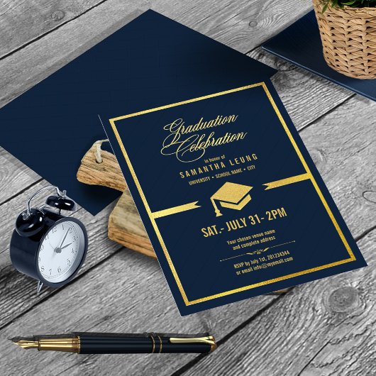Gouden pet afstuderen marineblauw ID834 Folie Uitnodiging
